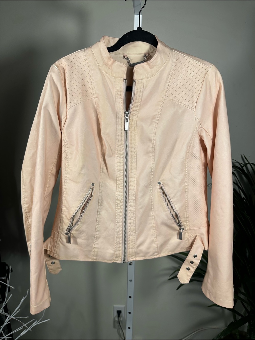 W237. J2 faux leather moto/racer jacket in peach color